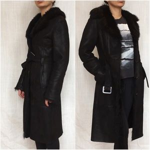 Black vintage real leather fur shearling coat
